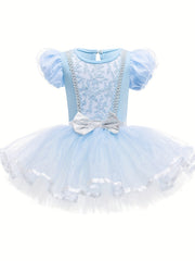 Girls Floral Embroidery Tulle Tutu Mesh Ruffled Sleeve Dance Dress