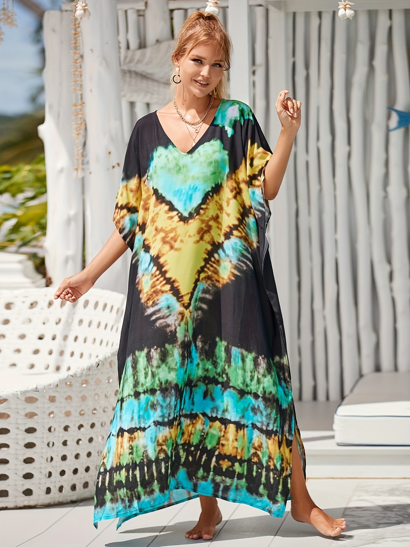  Tie Dye Cover Up Dress Women's V Neck Bat Sleeve Beach Casual