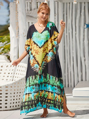 Tie Dye Cover Up Dress Women's V Neck Bat Sleeve Beach Casual