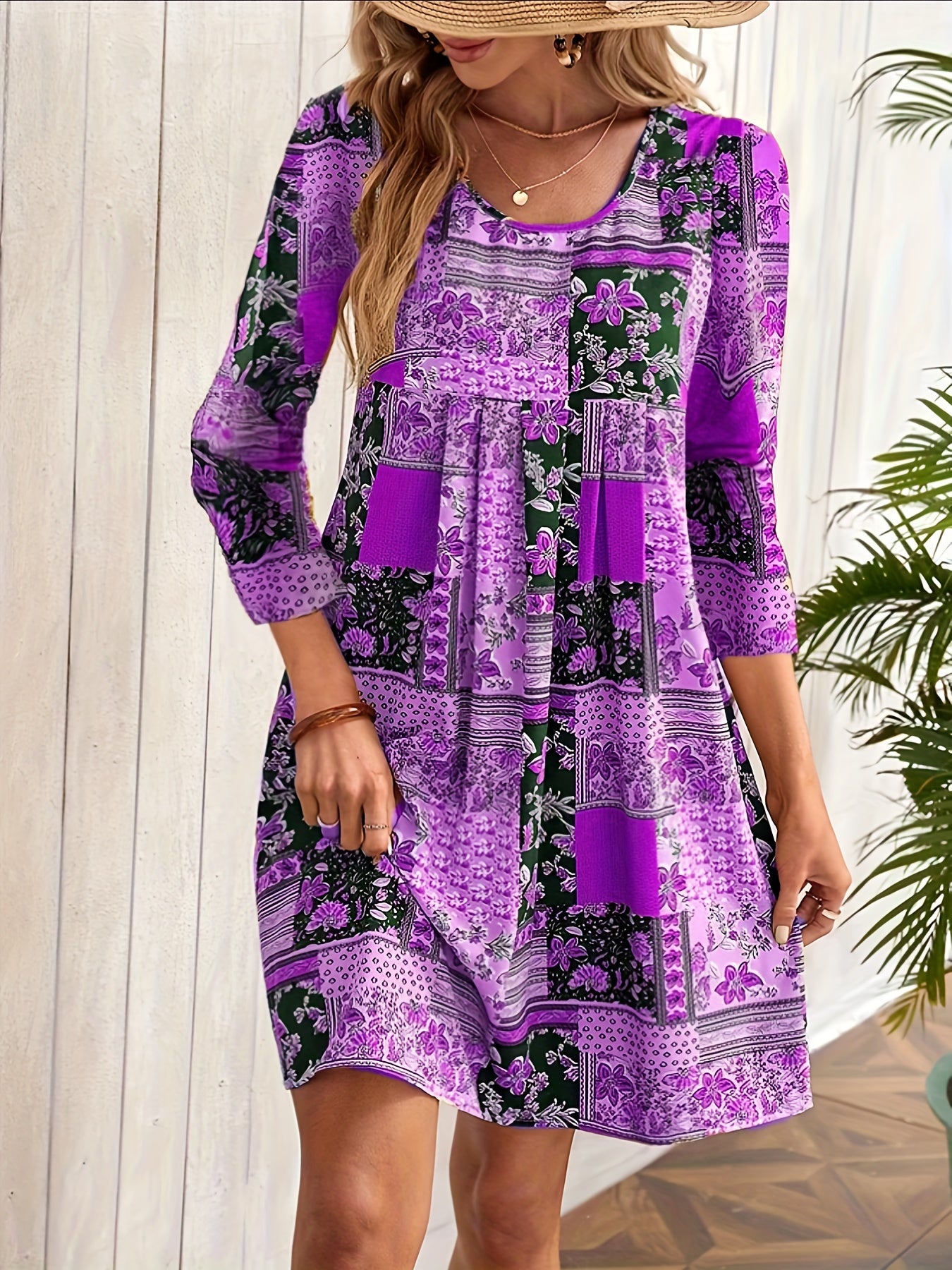  Boho Dress Floral Print Half Sleeve Round Neck Pleated Dress