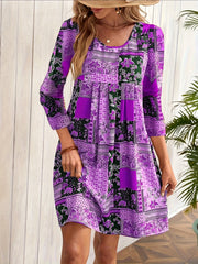 Boho Dress Floral Print Half Sleeve Round Neck Pleated Dress