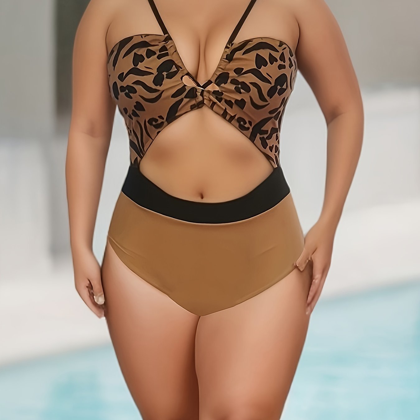  Casual One Piece Swimsuit Printed V Neck Cut Out Cami