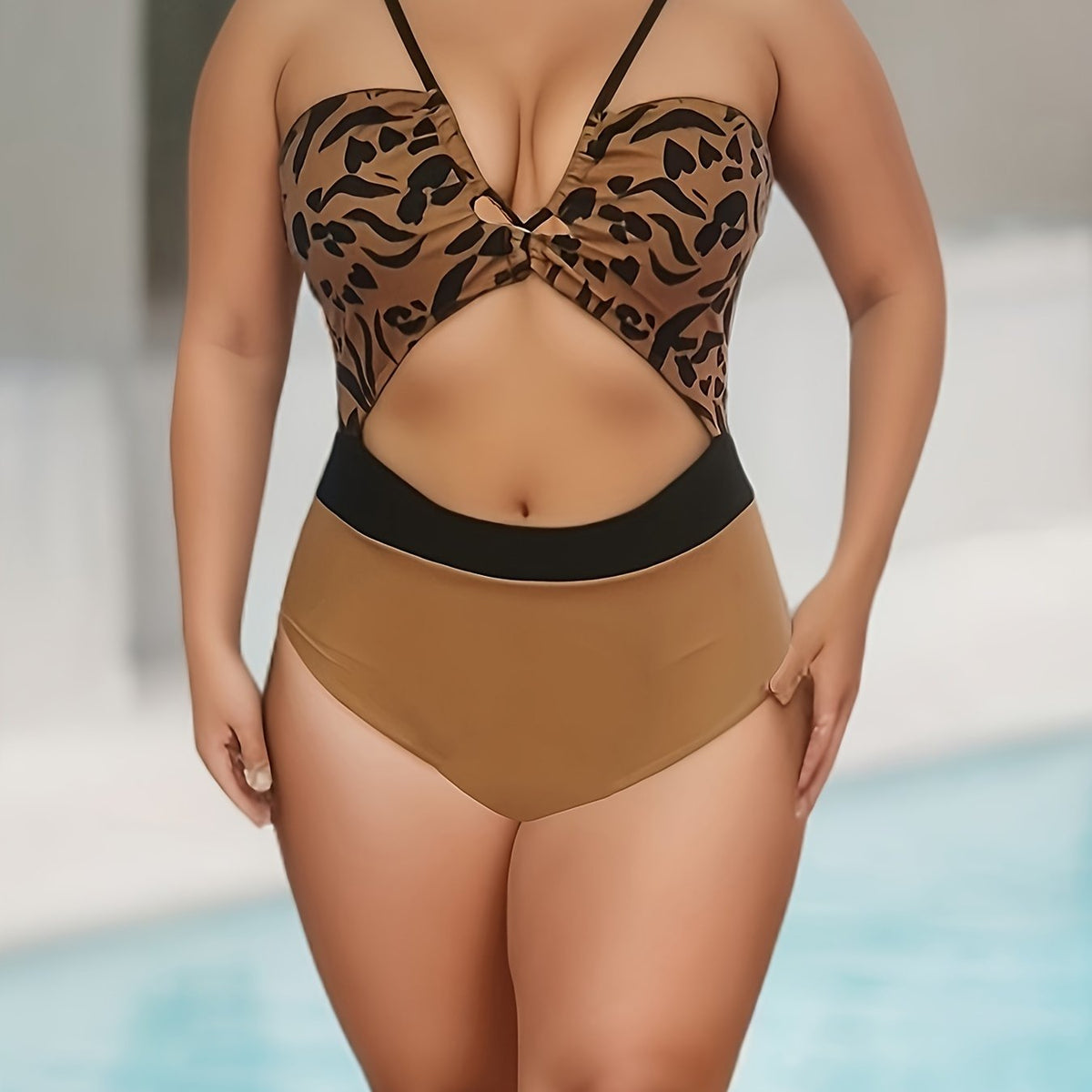  Casual One Piece Swimsuit Printed V Neck Cut Out Cami