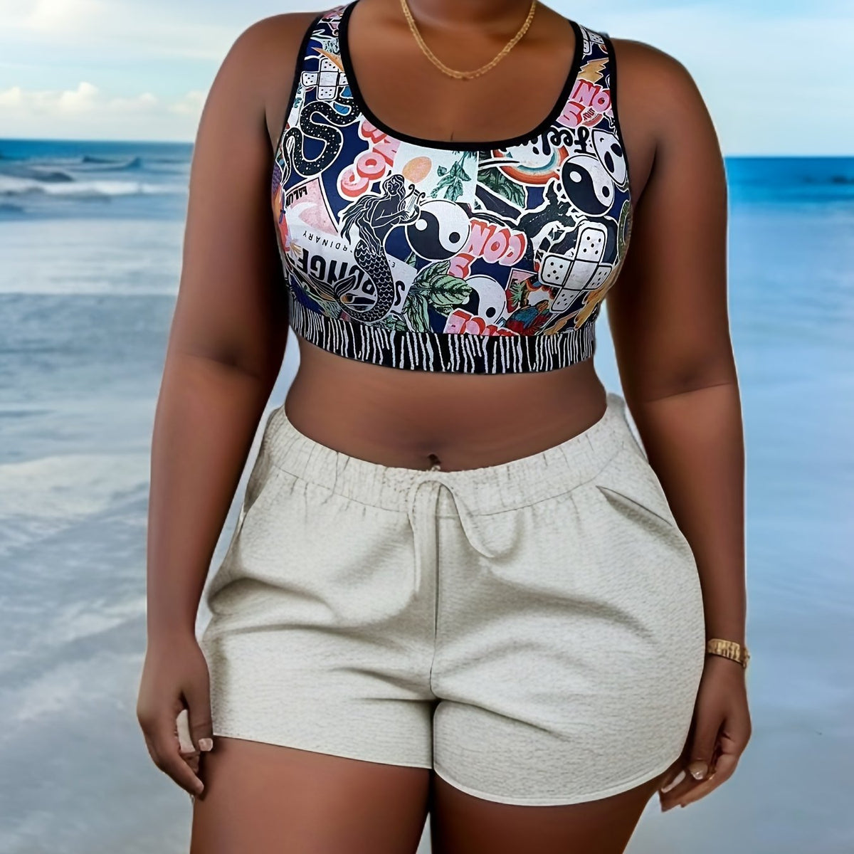  Sports Tank Top Graphic Print High Stretch Round Neck Plus Women