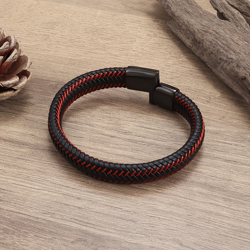 Men's Red Leather Braided Bracelet Magnetic Buckle