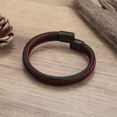 Men's Red Leather Braided Bracelet Magnetic Buckle