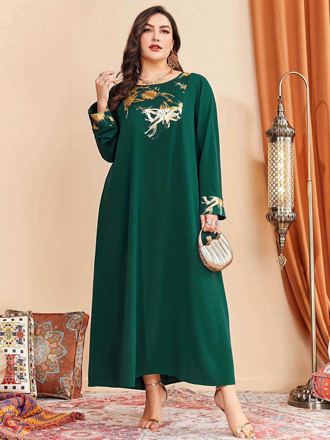  Colorblock Floral Print Long Sleeve Round Neck Maxi Dress