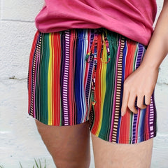  Rainbow Striped Print Medium Stretch Tie Shorts