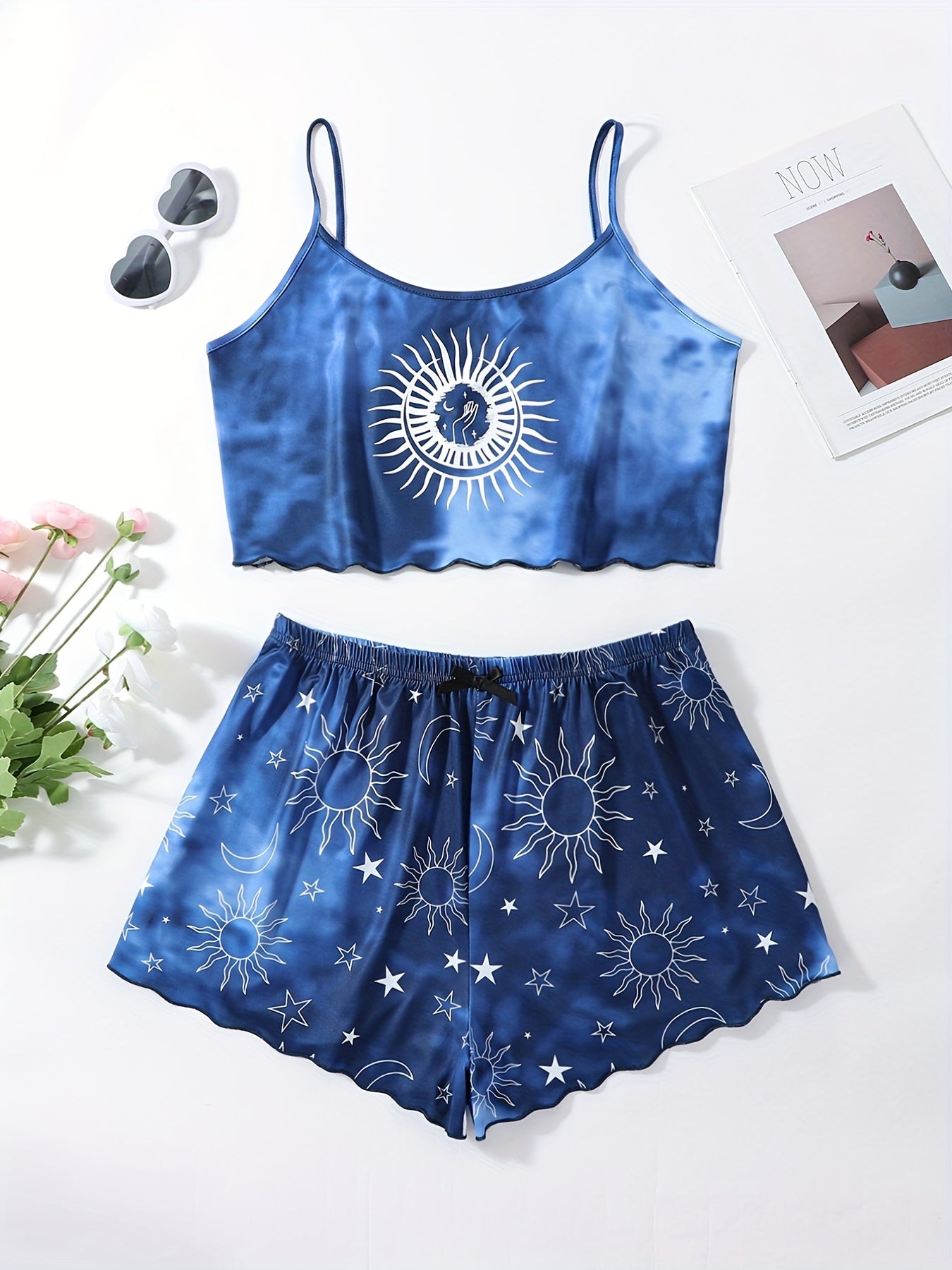  Sun & Moon Print Ruffle Trim Pajama Set
