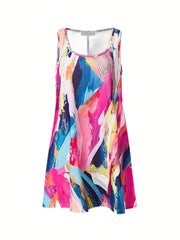  Colorful Brush Print Round Neck Dress