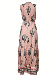  Geometric Print Cut Out Tie Front Mock Neck Dress