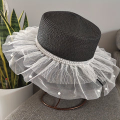 Mesh Lace Sun Hat Faux Pearl Decor Wide Brim Straw Hat French Style
