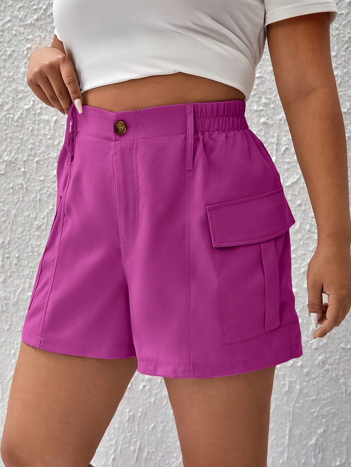 Women's Plus Solid High Rise Cargo Shorts Loose Fit