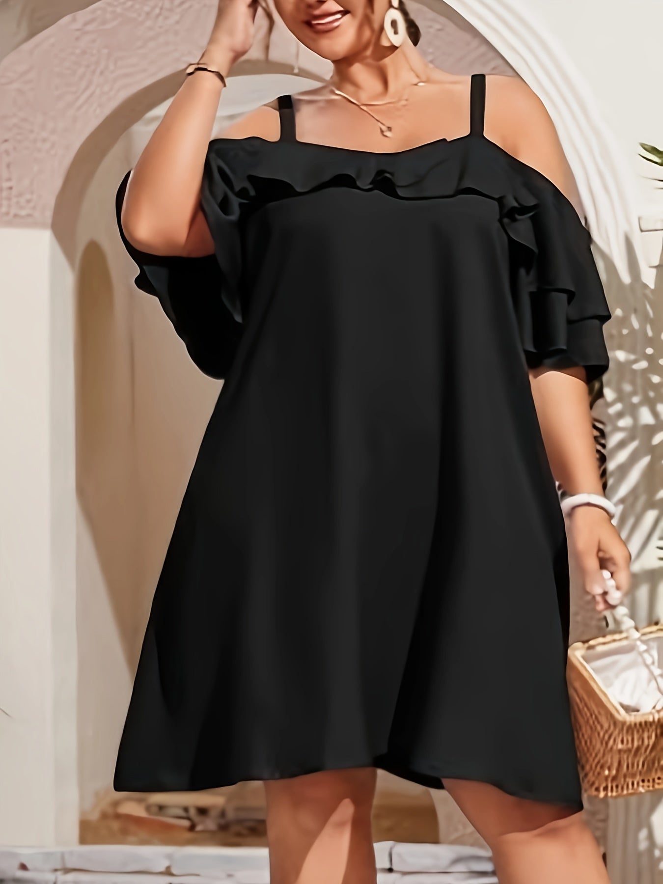  Solid Ruffle Trim Cold Shoulder Dress