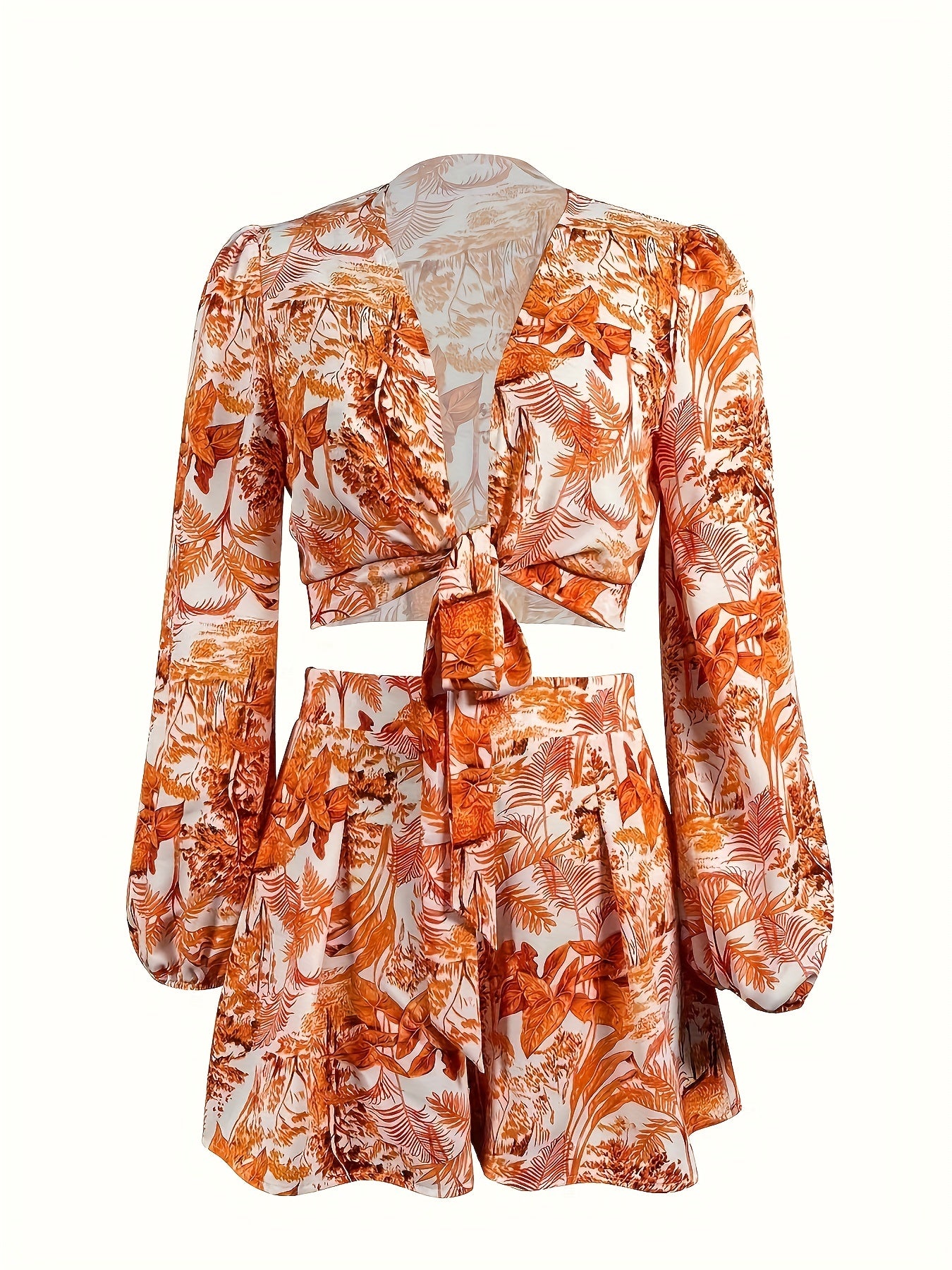 Leaves Print Two-piece Set Tie Front Crop Top & Shorts Outfit