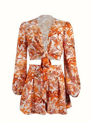 Leaves Print Two-piece Set Tie Front Crop Top & Shorts Outfit