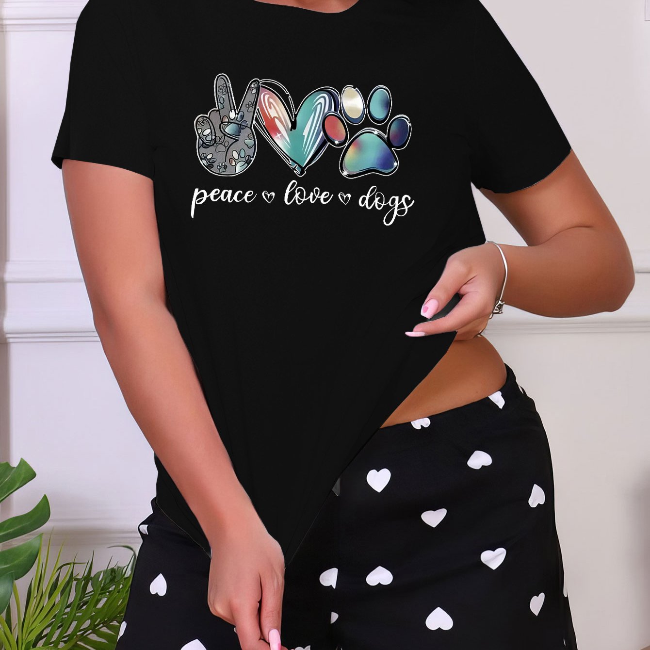 Letter Print Sleep Top Short Sleeve Crew Neck Women's Pajama