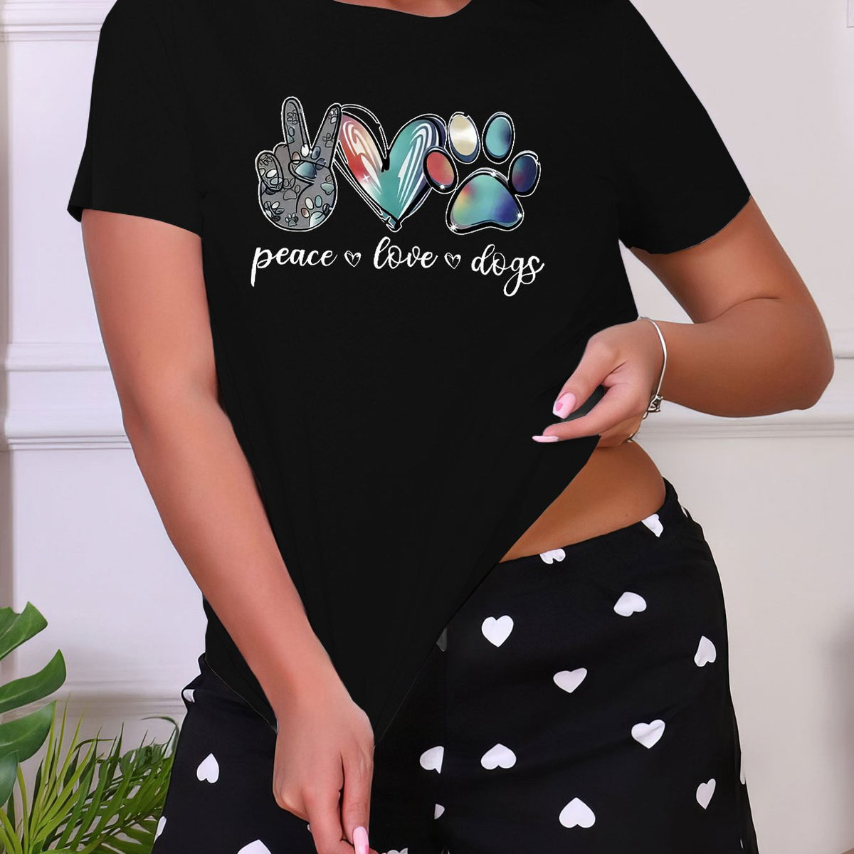 Letter Print Sleep Top Short Sleeve Crew Neck Women's Pajama