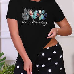 Letter Print Sleep Top Short Sleeve Crew Neck Women's Pajama
