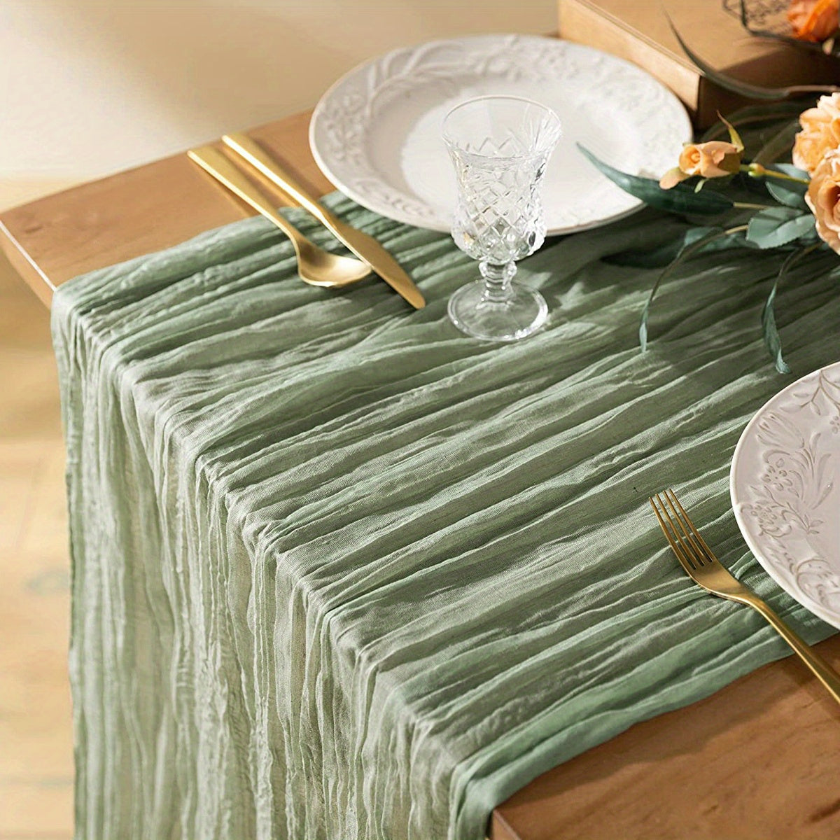 Boho Green Gauze Table Runner Semi Sheer Cheesecloth Tablecloth