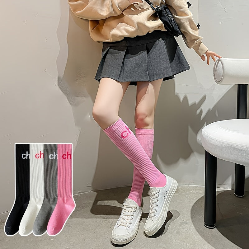 Letter Print Calf Socks Women's Knee High Stockings