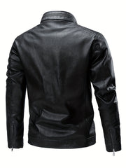 Men's Vintage PU Leather Jacket Stand Collar Zip Up Faux Leather Jacket
