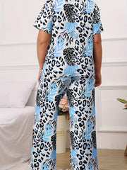  Leopard & Tropical Print Pajama Set Short Sleeve T shirt & Pants