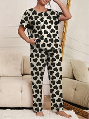  Heart Print Pajama Set Short Sleeve Round Neck Top & Pants