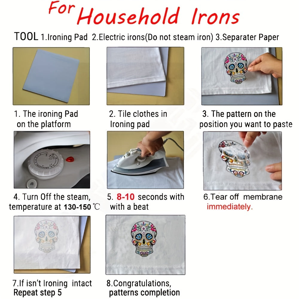 2pcs Halloween Iron On Transfers Skull Pattern DIY Decals Heat Transfer Stickers