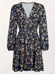  Ditsy Floral Print Lantern Sleeve Mini Dress