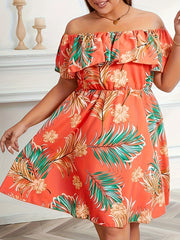  Boho Dress Women's Plus Tropical Print Off Shoulder A line Dress