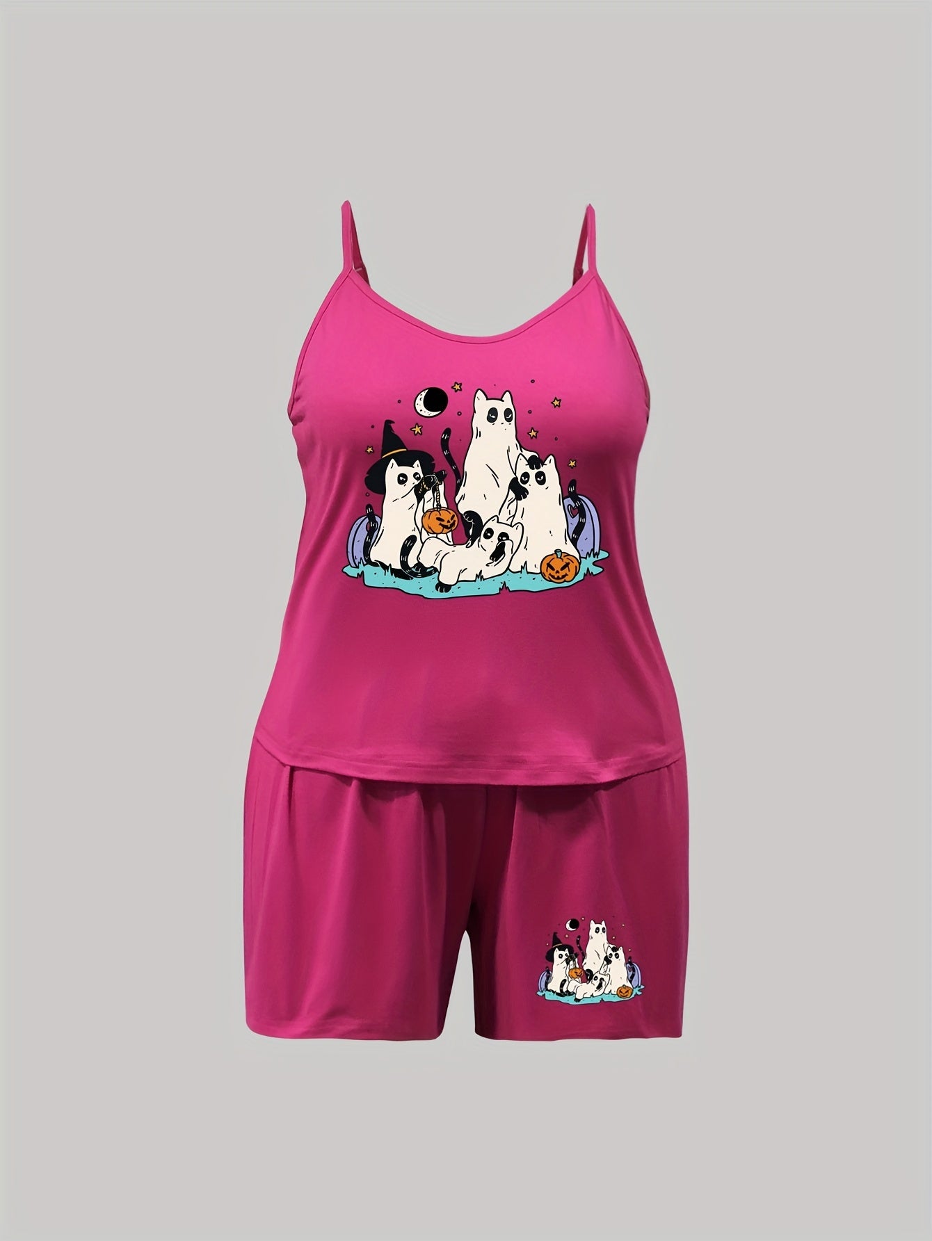  Ghost Cat Print Pajama Set Cami Top & Shorts
