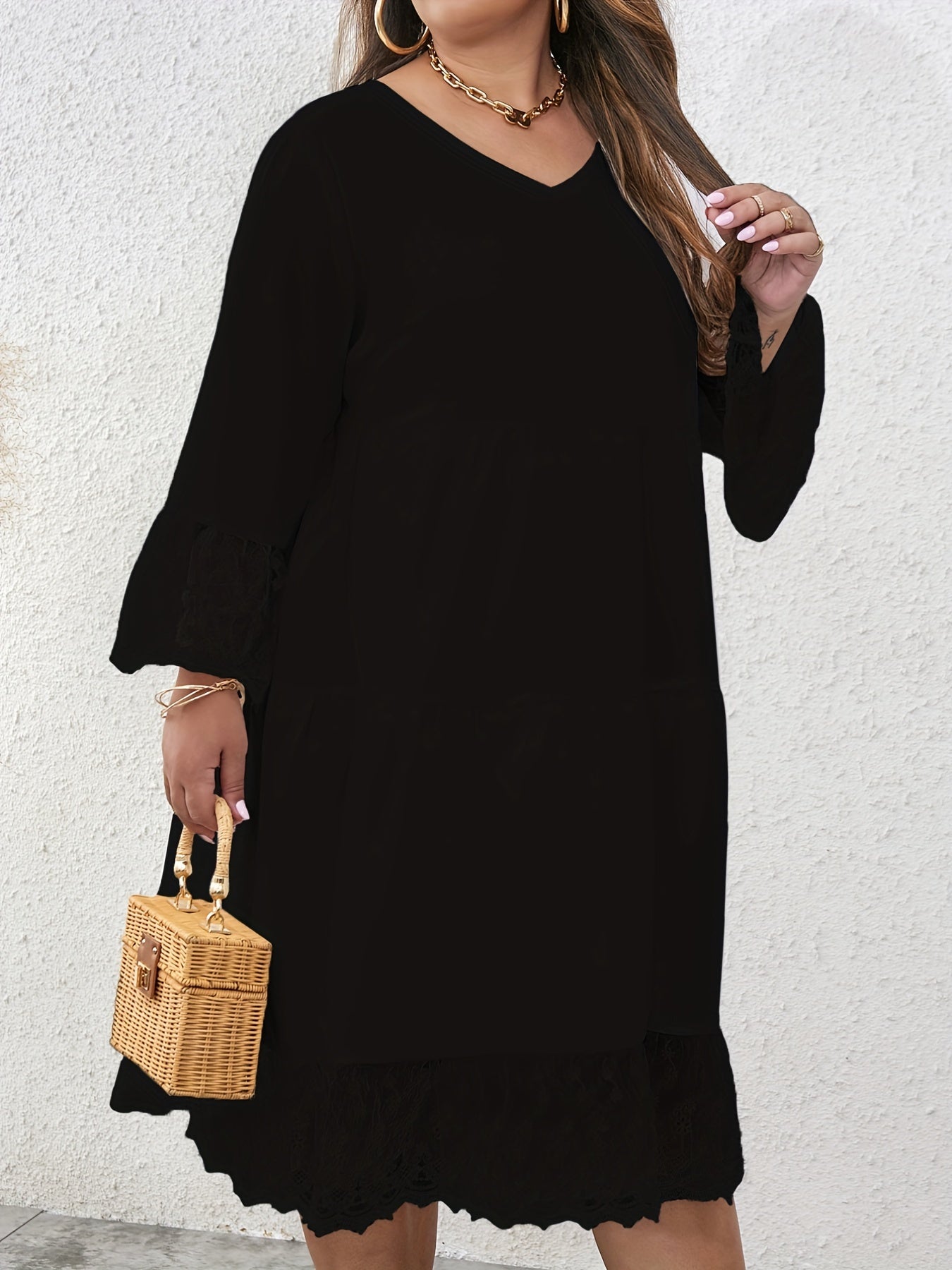  Bell Sleeve Maxi Dress V Neck Ruffle Trim