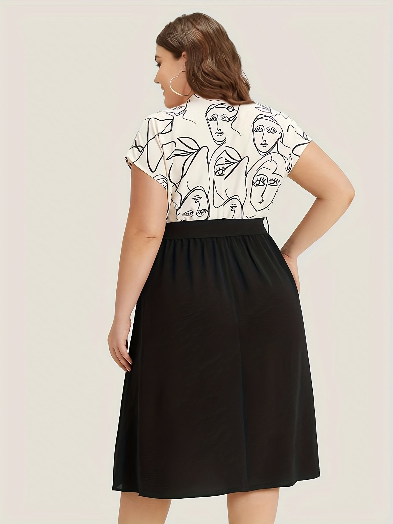  Colorblock Abstract Figure Print Midi Dress With Belt