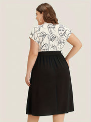  Colorblock Abstract Figure Print Midi Dress With Belt