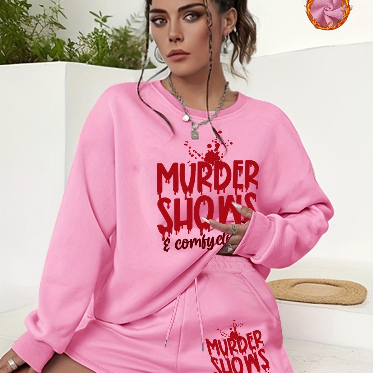 Women's Plus Size Halloween 2pcs Set Letter Print Sweatshirt & Shorts