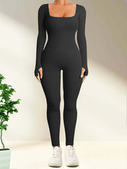 Long Sleeve Yoga Jumpsuit Solid Thumb Hole Sports Bodysuit