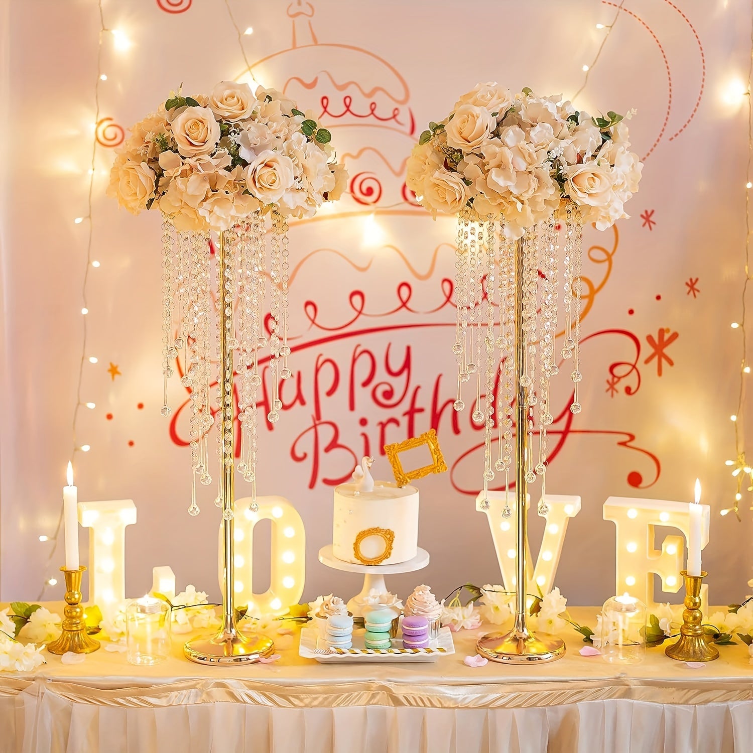 2pcs Tall Golden Flower Vases Crystal Centerpiece