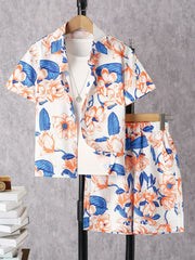 2pcs Boys Floral Print Short Sleeve Shirts & Shorts Set Summer Outfits