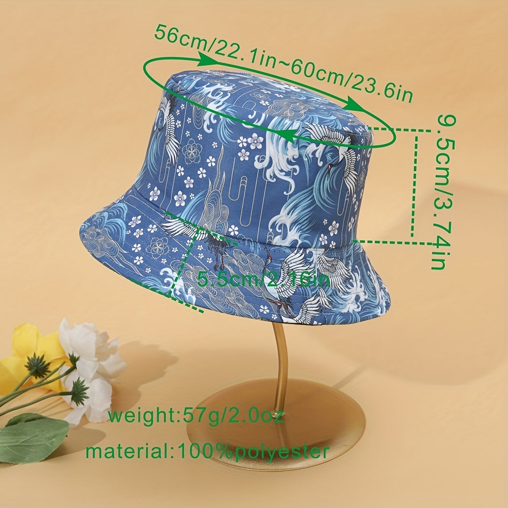 Crane Print Reversible Bucket Hat Vintage Fisherman Cap Women Travel Beach Hats