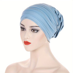 Pleated Satin Turban Cap Rhinestone Decor Head Wraps Elastic Hijab Hats