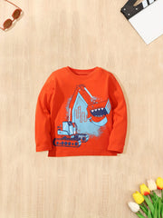 Excavator Print Kid's Cotton Pullover Long Sleeve Top