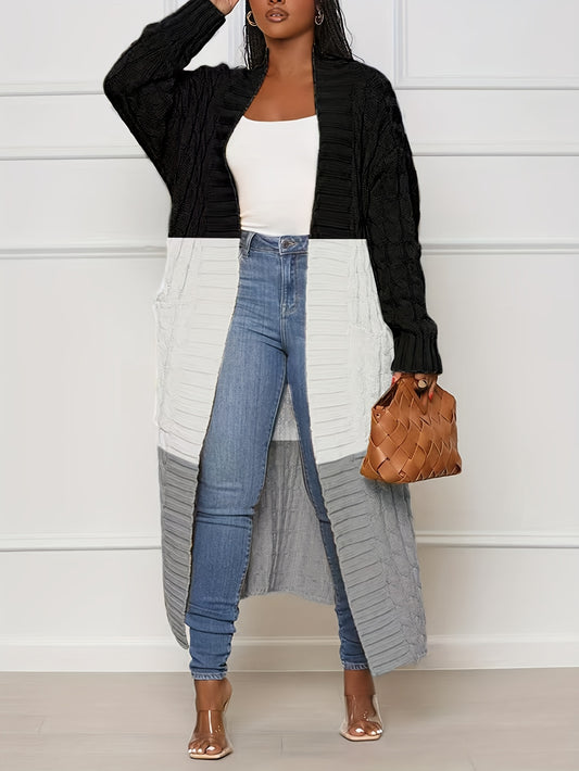  Colorblock Cable Long Sleeve Open Front Cardigan
