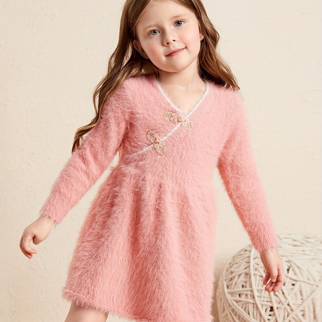 Girls V Neck Knitted Dress Long Sleeve Casual Dress Kids Spring Fall