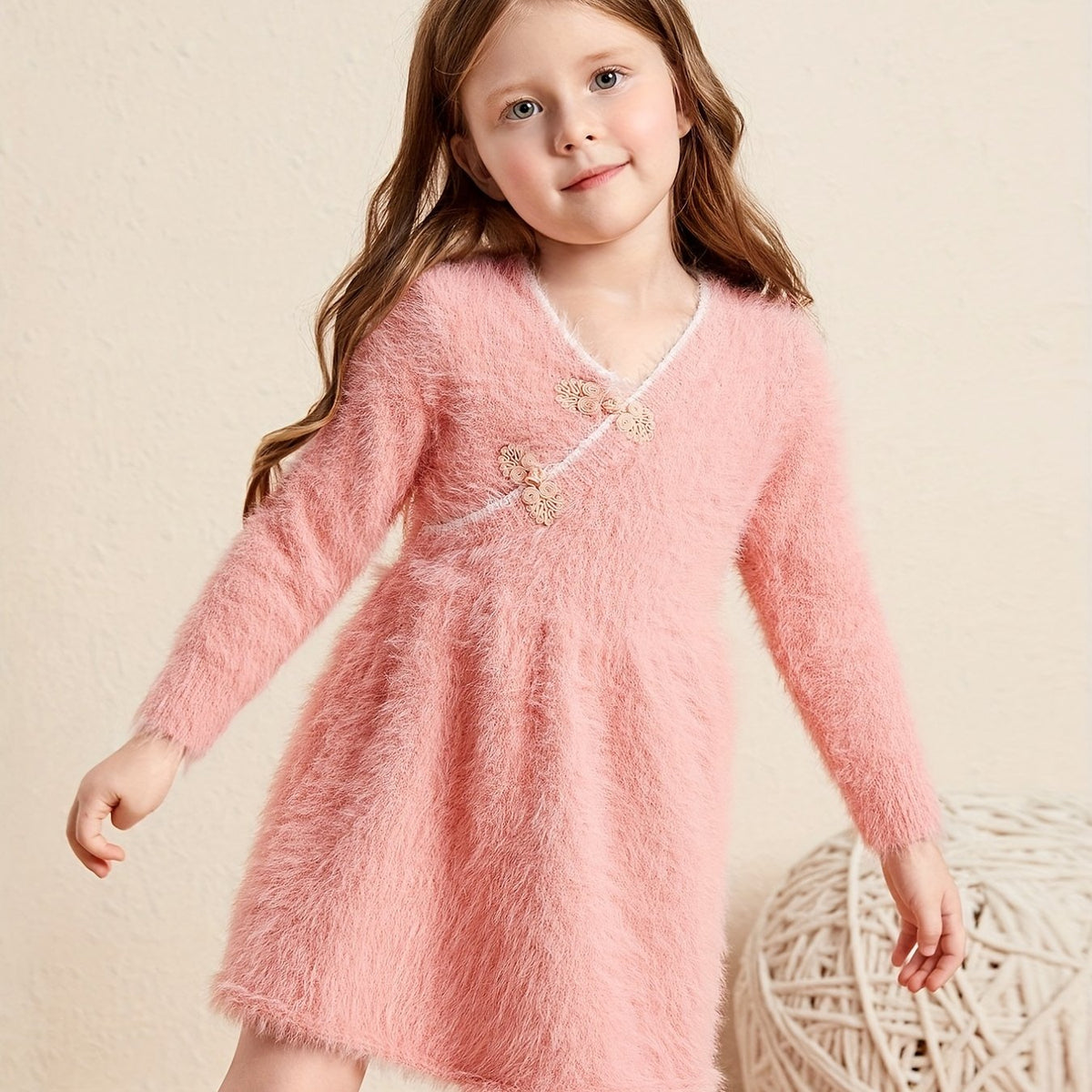 Girls V Neck Knitted Dress Long Sleeve Casual Dress Kids Spring Fall