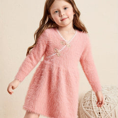 Girls V Neck Knitted Dress Long Sleeve Casual Dress Kids Spring Fall
