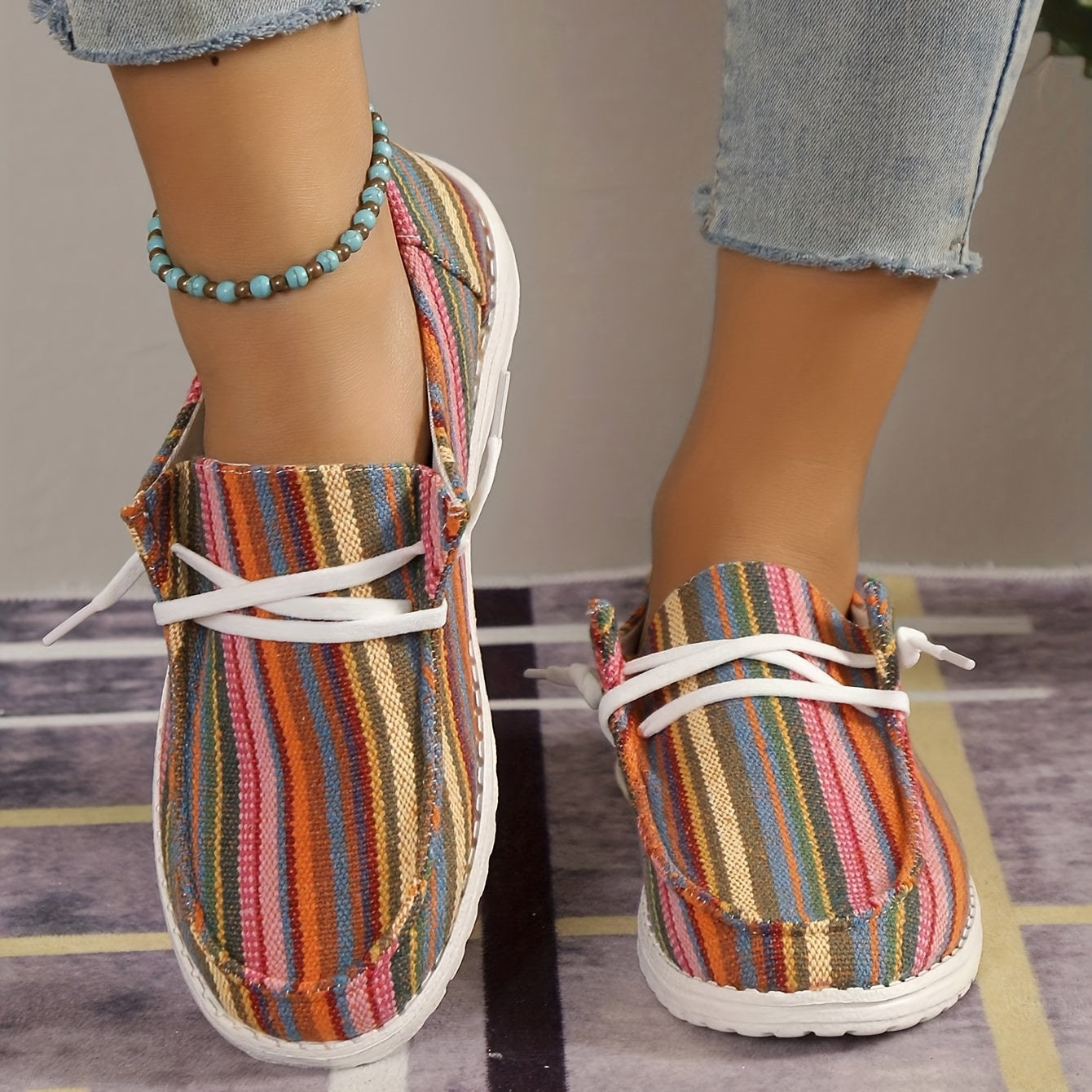 Women's Striped Canvas Shoes Lace Up Outdoor Sneakers Lightweight