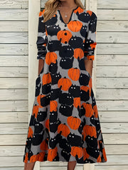  Halloween Dress Women's Plus Allover Cat & Pumpkin Print Maxi Dress