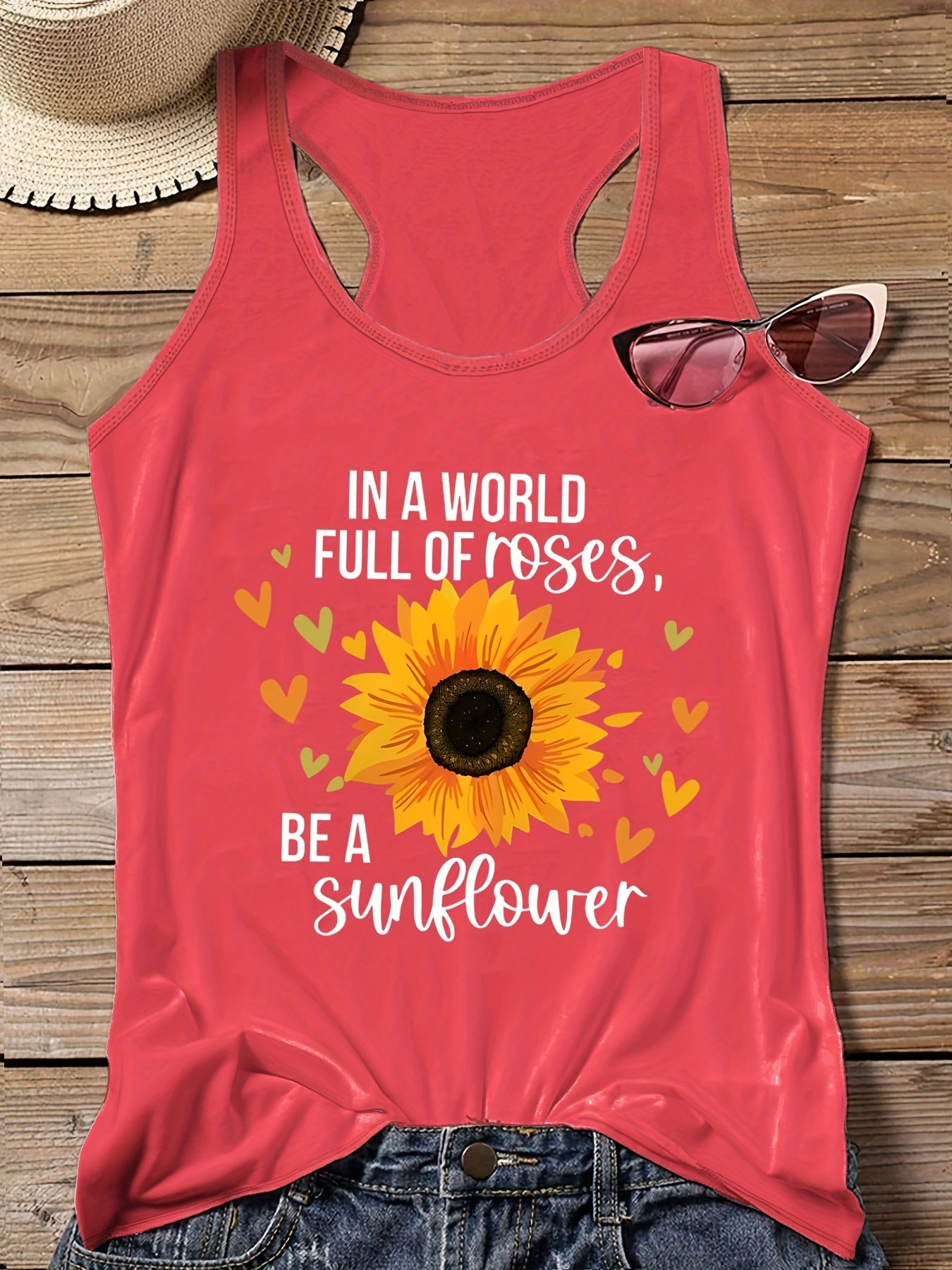  Sunflower Print Round Neck Vest Top