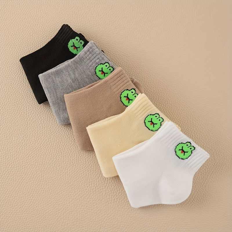 5 Pairs Frog Print Socks Crew Short Comfy Stockings Women's Hosiery